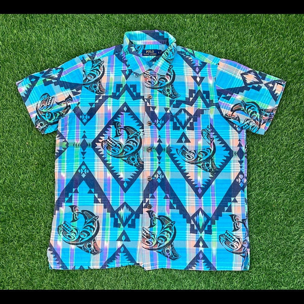 POLO RALPH LAUREN Men’s Size L PLAID AZTEC Mayan Tribal Print Button Up Shirt